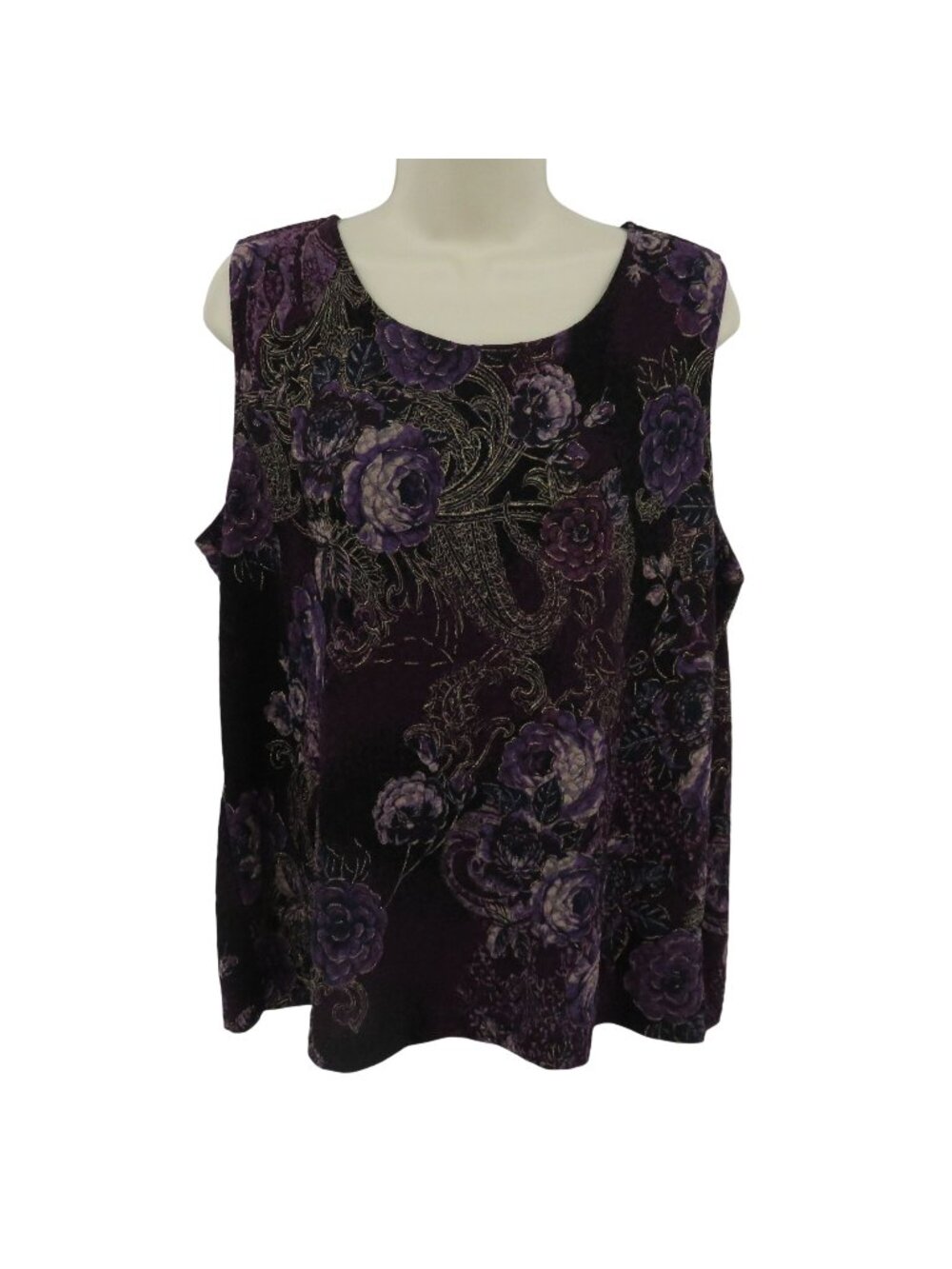 White Stag Women Extra Large Purple Rose Flower Floral Black Gold Tank Top Shirt